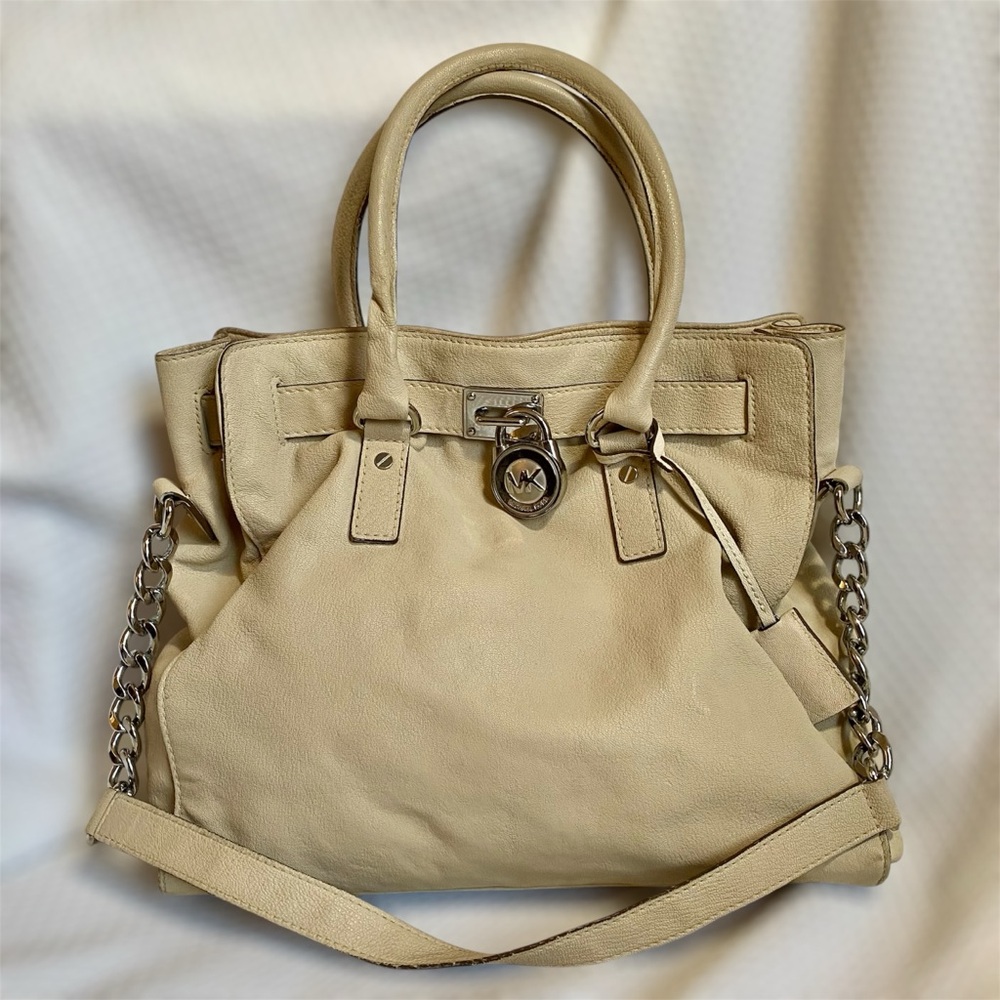 MICHAEL KORS HAMILTON SAFFIANO LEATHER SATCHEL CHAIN HANDBAG OFF WHITE $298